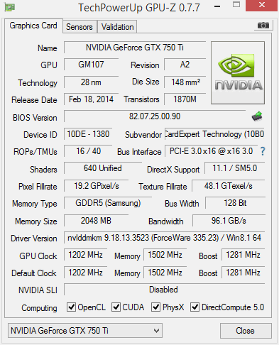 gtx 750Ti Gainward GPUZ